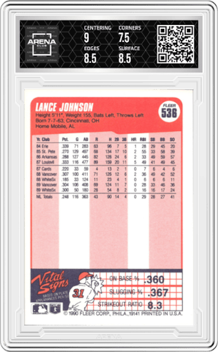 Lance Johnson from the 1990 Fleer  set graded by Arena Club and given an overall grade of 8.