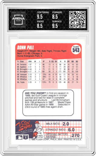 Donn Pall from the 1990 Fleer  set graded by Arena Club and given an overall grade of 9.