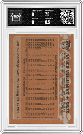 Rance Mulliniks from the 1988 Topps set graded by Arena Club and given an overall grade of 8.