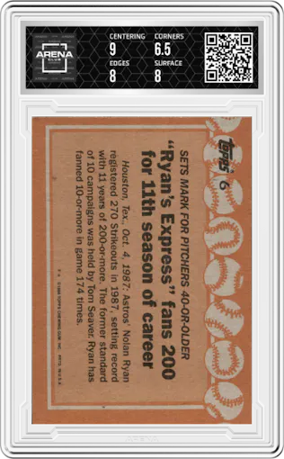Nolan Ryan  from the 1988 Topps set graded by Arena Club and given an overall grade of 7.