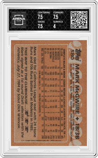 Mark McGwire from the 1988 Topps set graded by Arena Club and given an overall grade of 4.5.