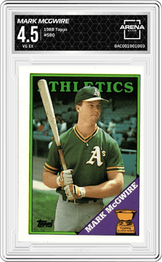 Mark McGwire from the 1988 Topps set graded by Arena Club and given an overall grade of 4.5.