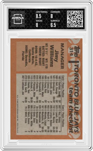 Jimy Williams from the 1988 Topps set graded by Arena Club and given an overall grade of 7.