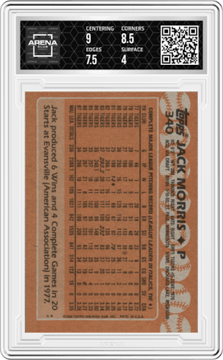 Jack Morris from the 1988 Topps set graded by Arena Club and given an overall grade of 4.5.