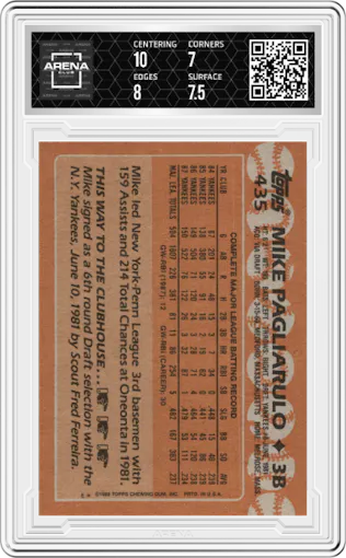Mike Pagliarulo from the 1988 Topps set graded by Arena Club and given an overall grade of 7.5.