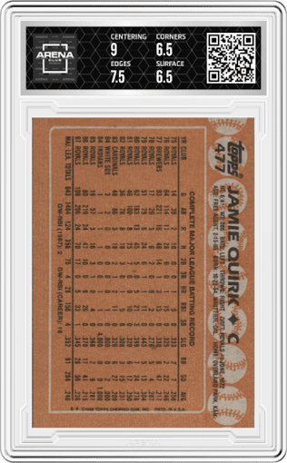 Jamie Quirk from the 1988 Topps set graded by Arena Club and given an overall grade of 7.
