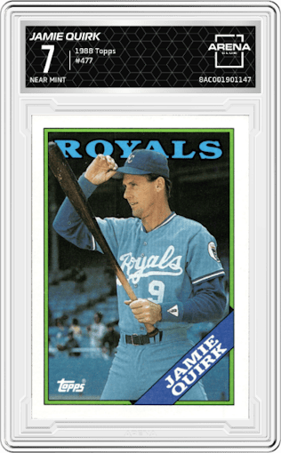 Jamie Quirk from the 1988 Topps set graded by Arena Club and given an overall grade of 7.