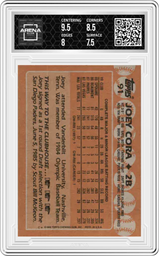 Joey Cora from the 1988 Topps set graded by Arena Club and given an overall grade of 8.