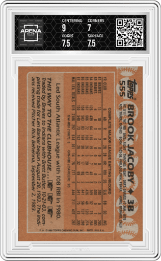 Brook Jacoby from the 1988 Topps set graded by Arena Club and given an overall grade of 7.5.