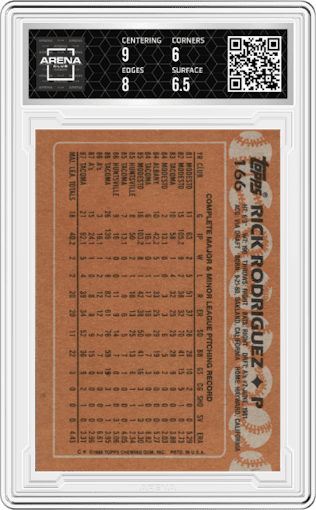 Rick Rodriquez from the 1988 Topps set graded by Arena Club and given an overall grade of 6.5.