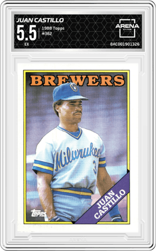 Juan Castillo from the 1988 Topps set graded by Arena Club and given an overall grade of 5.5.