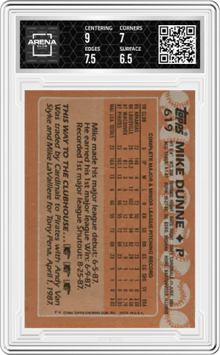 Mike Dunne from the 1988 Topps set graded by Arena Club and given an overall grade of 7.