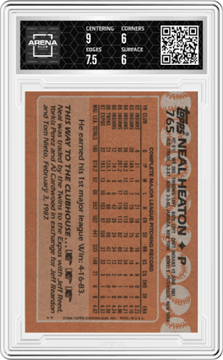 Neal Heaton from the 1988 Topps set graded by Arena Club and given an overall grade of 6.5.