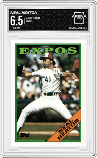 Neal Heaton from the 1988 Topps set graded by Arena Club and given an overall grade of 6.5.