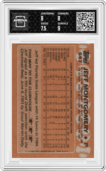 Jeff Montgomery from the 1988 Topps set graded by Arena Club and given an overall grade of 8.