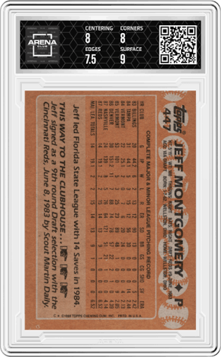 Jeff Montgomery from the 1988 Topps set graded by Arena Club and given an overall grade of 8.