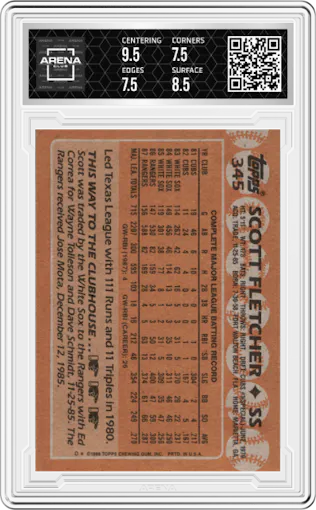 Scott Fletcher from the 1988 Topps set graded by Arena Club and given an overall grade of 8.