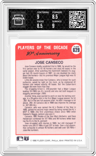 Jose Canseco from the 1990 Fleer  set graded by Arena Club and given an overall grade of 9.