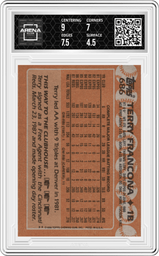 Terry Francona from the 1988 Topps set graded by Arena Club and given an overall grade of 5.