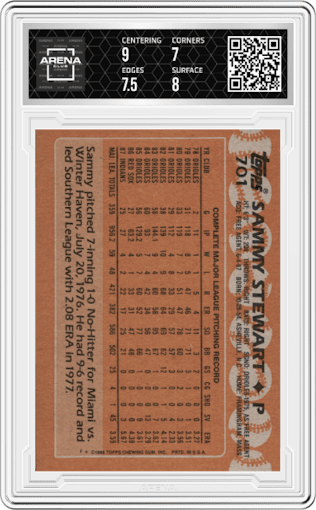 Sammy Stewart from the 1988 Topps set graded by Arena Club and given an overall grade of 7.5.