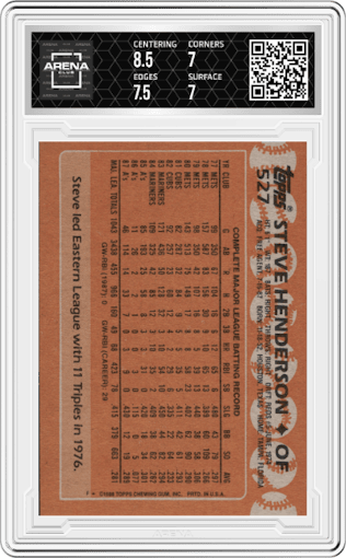 Steve Henderson from the 1988 Topps set graded by Arena Club and given an overall grade of 7.5.