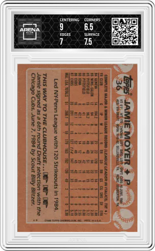 Jamie Moyer from the 1988 Topps set graded by Arena Club and given an overall grade of 7.