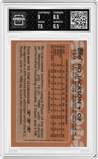 Bo Jackson from the 1988 Topps set graded by Arena Club and given an overall grade of 7.