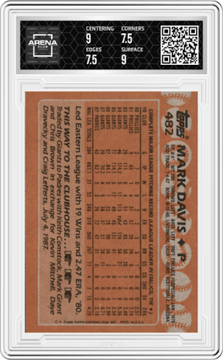 Mark Davis from the 1988 Topps set graded by Arena Club and given an overall grade of 8.