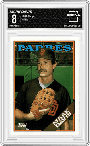 Mark Davis from the 1988 Topps set graded by Arena Club and given an overall grade of 8.