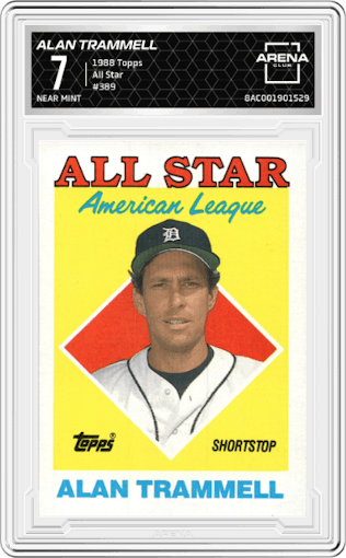 Alan Trammell from the 1988 Topps set graded by Arena Club and given an overall grade of 7.