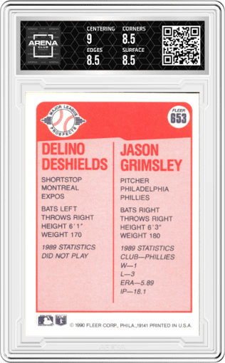 Delino Deshields/Jason Grimsley from the 1990 Fleer  set graded by Arena Club and given an overall grade of 8.5.