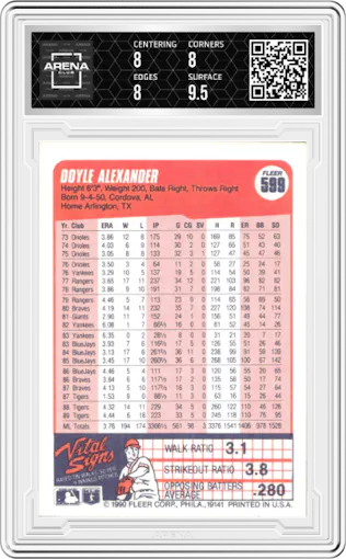 Doyle Alexander from the 1990 Fleer  set graded by Arena Club and given an overall grade of 8.5.
