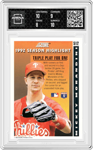 Mickey Morandini from the 1993 Score  set graded by Arena Club and given an overall grade of 8.5.