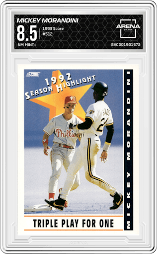 Mickey Morandini from the 1993 Score  set graded by Arena Club and given an overall grade of 8.5.