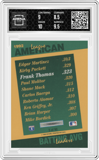 Frank Thomas from the 1993 Score  set graded by Arena Club and given an overall grade of 9.