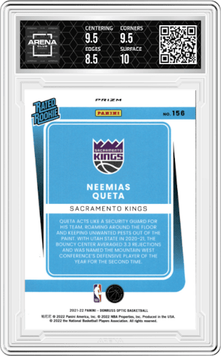 Neemias Queta  from the 2021-22 Panini Donruss Optic set featuring a Choice
 parallel graded by Arena Club and given an overall grade of 9.