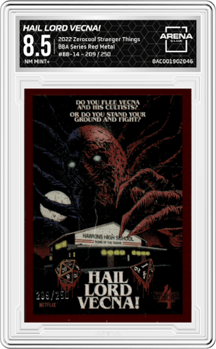 Hail Lord Vecna! from the 2022 Zerocool X Stranger Things Butcher Billy Artist Series set featuring a Red Metal parallel graded by Arena Club and given an overall grade of 8.5.