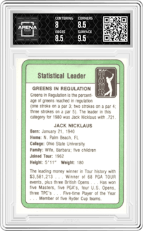 Jack Nicklaus from the 1981 Donruss set graded by Arena Club and given an overall grade of 8.5.