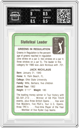 Jack Nicklaus from the 1981 Donruss set graded by Arena Club and given an overall grade of 8.5.