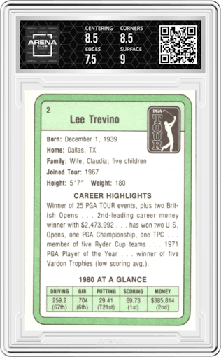 Lee Trevino from the 1981 Donruss set graded by Arena Club and given an overall grade of 8.