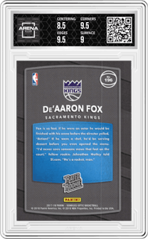 De'Aaron Fox from the 2017-18 Panini Donruss Optic set graded by Arena Club and given an overall grade of 9.