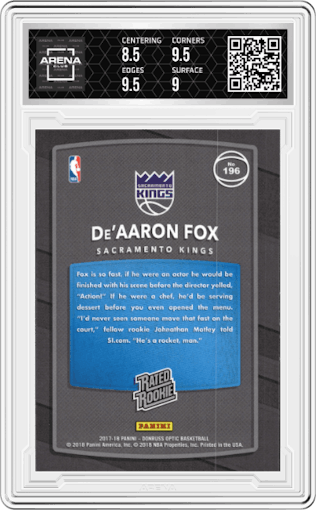 De'Aaron Fox from the 2017-18 Panini Donruss Optic set graded by Arena Club and given an overall grade of 9.