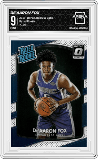 De'Aaron Fox from the 2017-18 Panini Donruss Optic set graded by Arena Club and given an overall grade of 9.