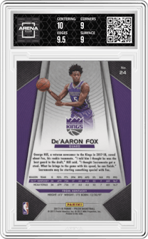 De'Aaron Fox from the 2017-18 Panini Prizm  set graded by Arena Club and given an overall grade of 9.5.