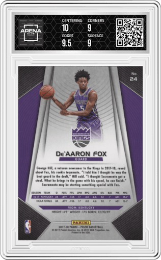 De'Aaron Fox from the 2017-18 Panini Prizm  set graded by Arena Club and given an overall grade of 9.5.