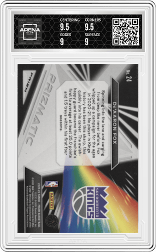 De'Aaron Fox from the 2021-22 Panini Prizm  set featuring a Silver Prizm parallel graded by Arena Club and given an overall grade of 9.5.