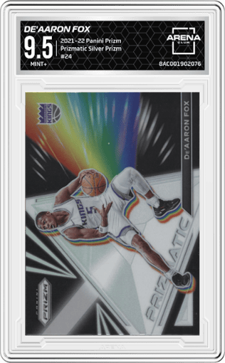 De'Aaron Fox from the 2021-22 Panini Prizm  set featuring a Silver Prizm parallel graded by Arena Club and given an overall grade of 9.5.