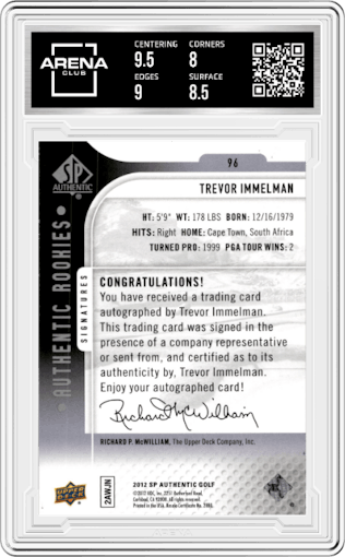 Trevor Immelman from the 2012 Upper Deck SP Authentic set graded by Arena Club and given an overall grade of 8.5.