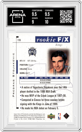 Peja Stojakovic from the 1998-99 SP Authentic set graded by Arena Club and given an overall grade of 9.5.