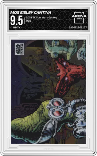 Mos Eisley Cantina from the 2021 Topps Chrome Star Wars Galaxy set graded by Arena Club and given an overall grade of 9.5.